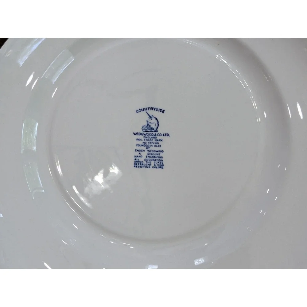 Vintage Blue White Transferware Flow Blue Plate Set Cobalt Countryside Decor
